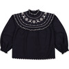 Pune Ruffle Neck Elastic Cuff Blouse, Midnight Navy - Blouses - 1 - thumbnail