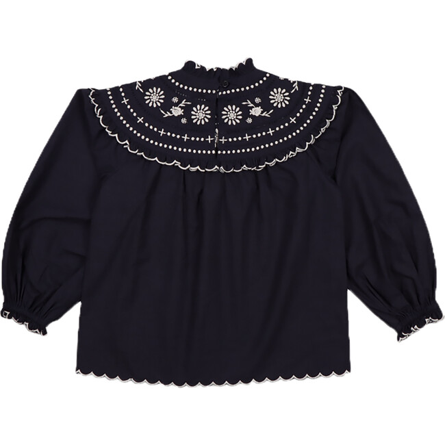 Pune Ruffle Neck Elastic Cuff Blouse, Midnight Navy - Blouses - 2