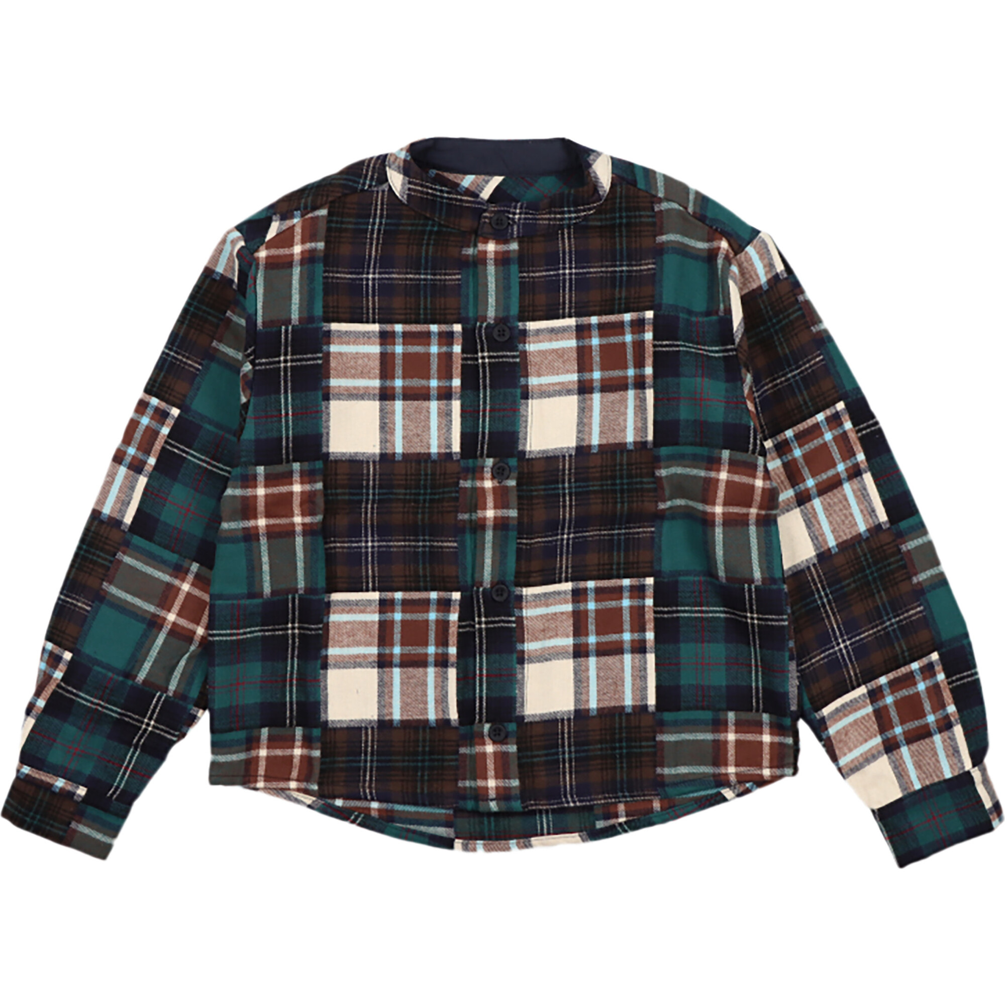 Kilimanjaro Mandarin Collar Pocket Shirt, Teal Madras Patchwork - Shirts - 1