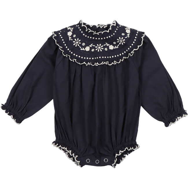 Babys Pune Ruffle Neck Snap Romper, Midnight Navy