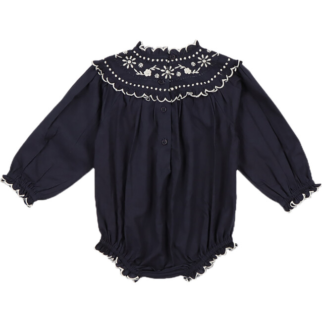 Babys Pune Ruffle Neck Snap Romper, Midnight Navy - Rompers - 2