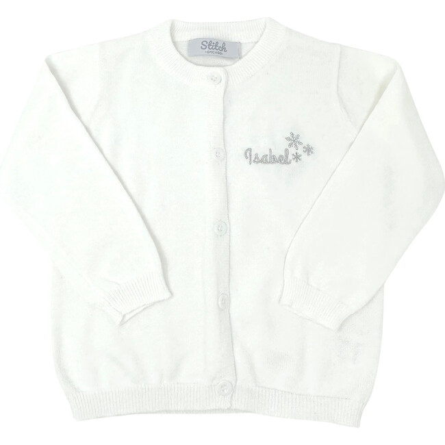 Personalized Embroidered Cardigan with Glitter Snowflakes, Cream