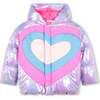 Metallic Heart Puffer Jacket, Purple - Jackets - 1 - thumbnail