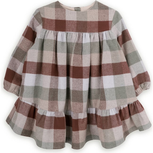 Brighton Plaid Flannel Round Neck Long Sleeve Ruffle Bottom Dress, Multicolors