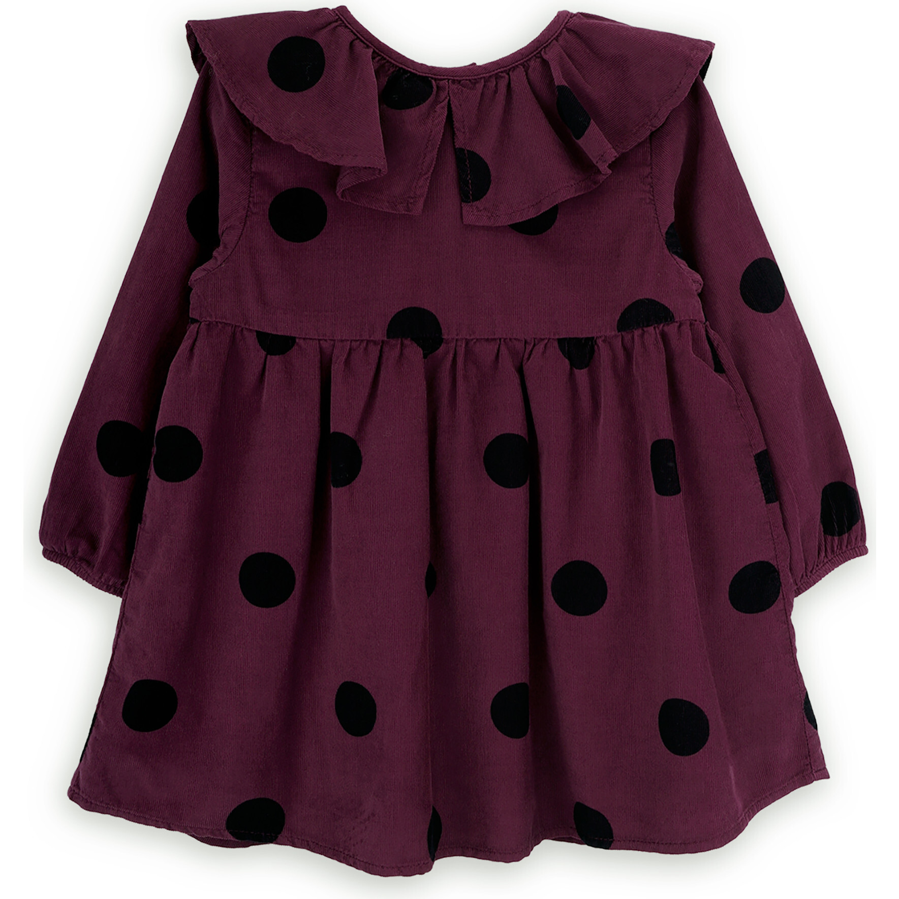 Pat Dot Print Cotton Corduroy Ruffle Collar Long Sleeve Dress, Burgundy - Dresses - 1
