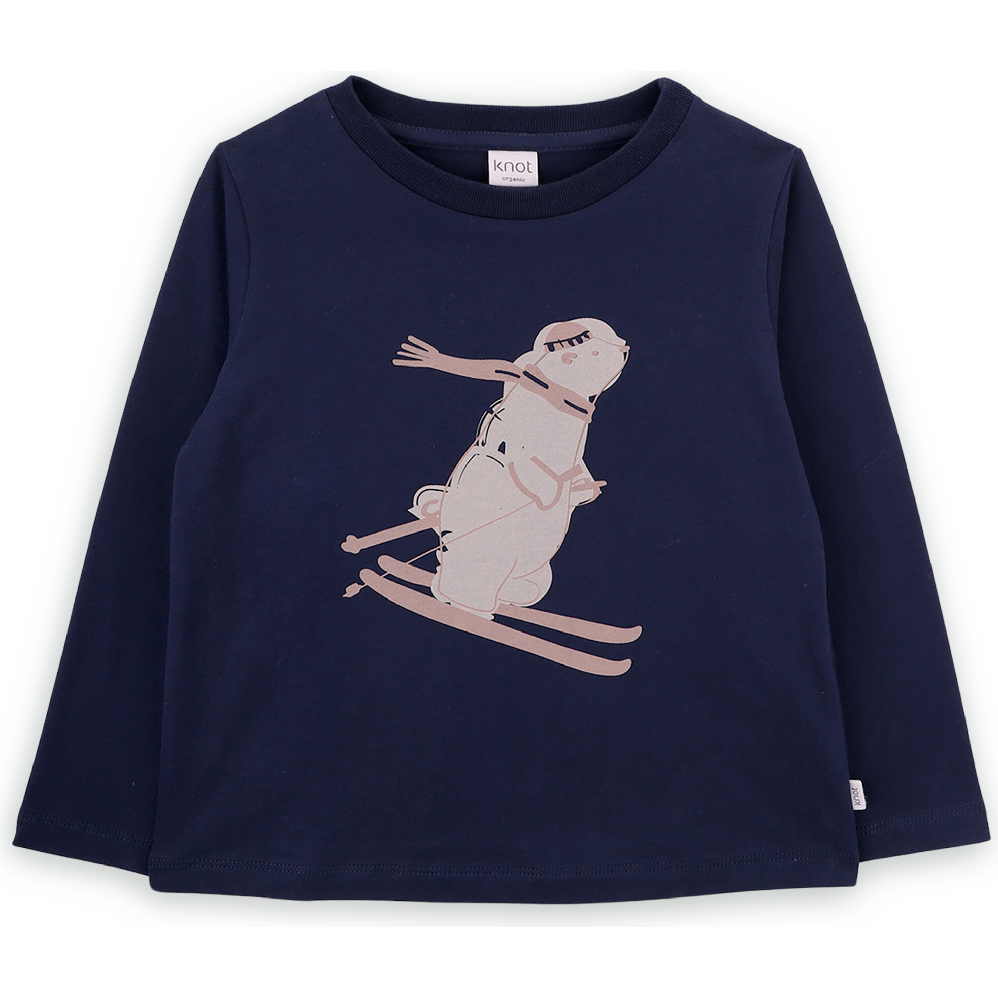 Bear Print Organic Cotton Round Neck Long Sleeve T-Shirt, Navy - T-Shirts - 1