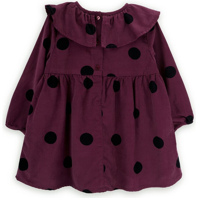 Pat Dot Print Cotton Corduroy Ruffle Collar Long Sleeve Dress, Burgundy - Dresses - 2