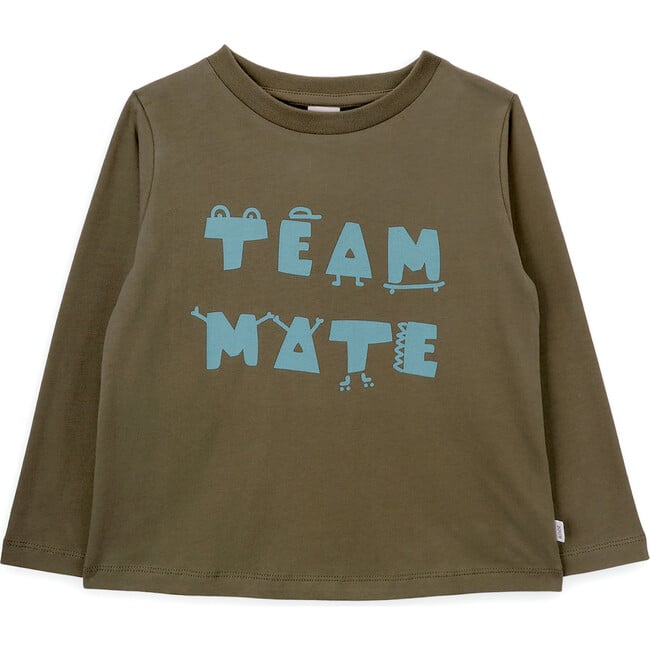 Team Mate Print Organic Cotton Round Neck Long Sleeve T-Shirt, Green