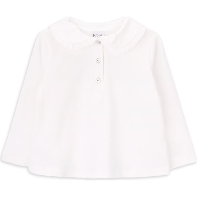 Girls Jolie Organic Cotton Round Collar Long Sleeve Polo Shirt, White