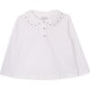 Girls Dots Cotton Embroidered Round Collar Long Sleeve Polo Shirt, White - Polo Shirts - 1 - thumbnail