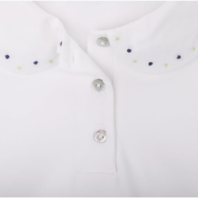 Girls Dots Cotton Embroidered Round Collar Long Sleeve Polo Shirt, White - Polo Shirts - 2