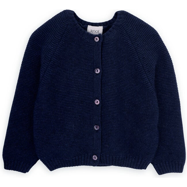 Girls Holly Wool Round Neck Long Sleeve Button-Up Cardigan, Navy