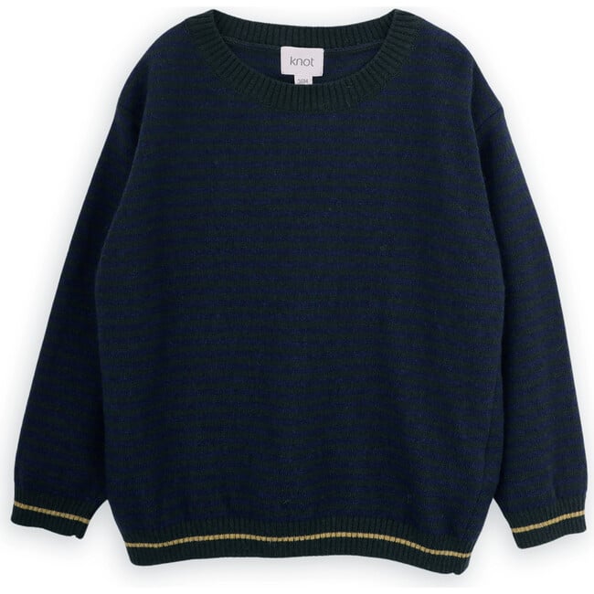 Tiny Striped Merino Wool Knit Round Neck Long Sleeve Sweater, Navy