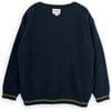 Tiny Striped Merino Wool Knit Round Neck Long Sleeve Sweater, Navy - Sweaters - 1 - thumbnail