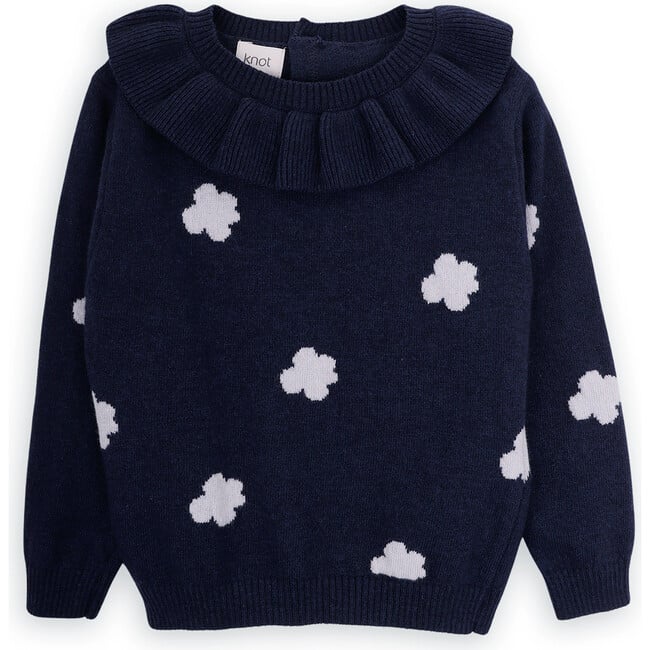 Girls Flowers Merino Wool Knit Round Neck Long Sleeve Sweater, Navy