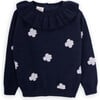 Girls Flowers Merino Wool Knit Round Neck Long Sleeve Sweater, Navy - Sweaters - 1 - thumbnail