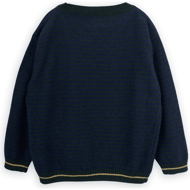 Tiny Striped Merino Wool Knit Round Neck Long Sleeve Sweater, Navy - Sweaters - 3