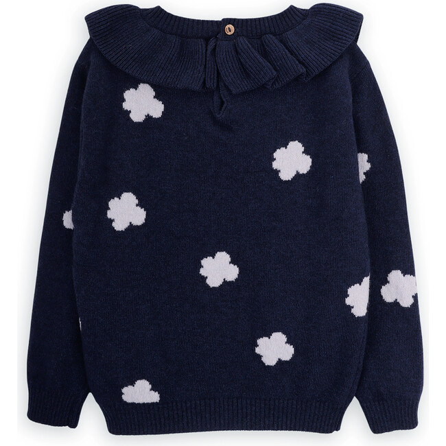 Girls Flowers Merino Wool Knit Round Neck Long Sleeve Sweater, Navy - Sweaters - 2