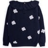 Girls Flowers Merino Wool Knit Round Neck Long Sleeve Sweater, Navy - Sweaters - 2