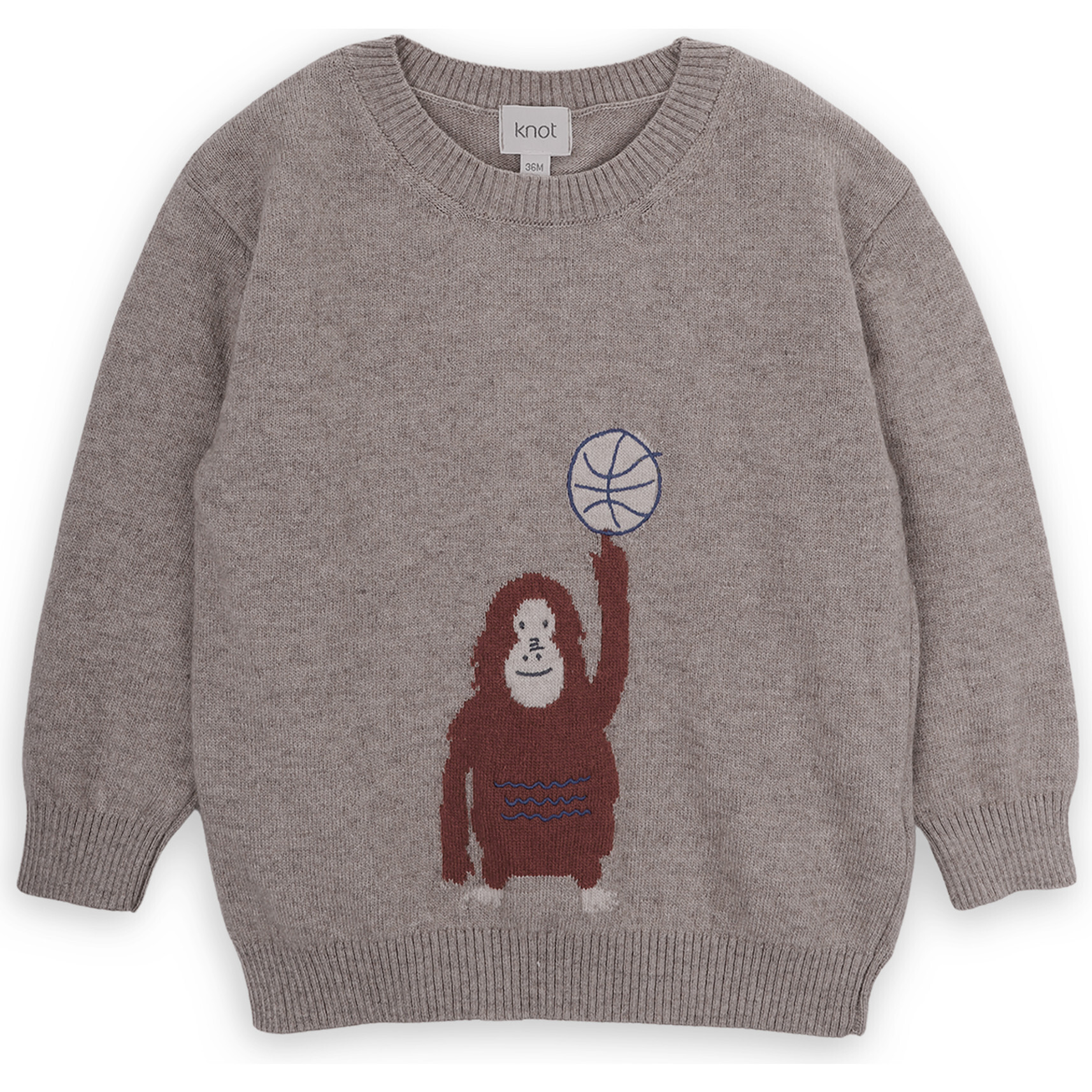 Orangutan Merino Wool Knit Round Neck Long Sleeve Sweater, Beige - Sweaters - 1