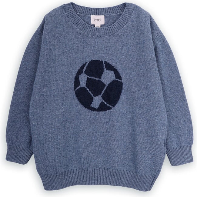 Football Merino Wool Knit Round Neck Long Sleeve Sweater, Blue