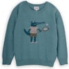 Crocodile Merino Wool Knit Round Neck Long Sleeve Sweater, Green - Sweaters - 1 - thumbnail