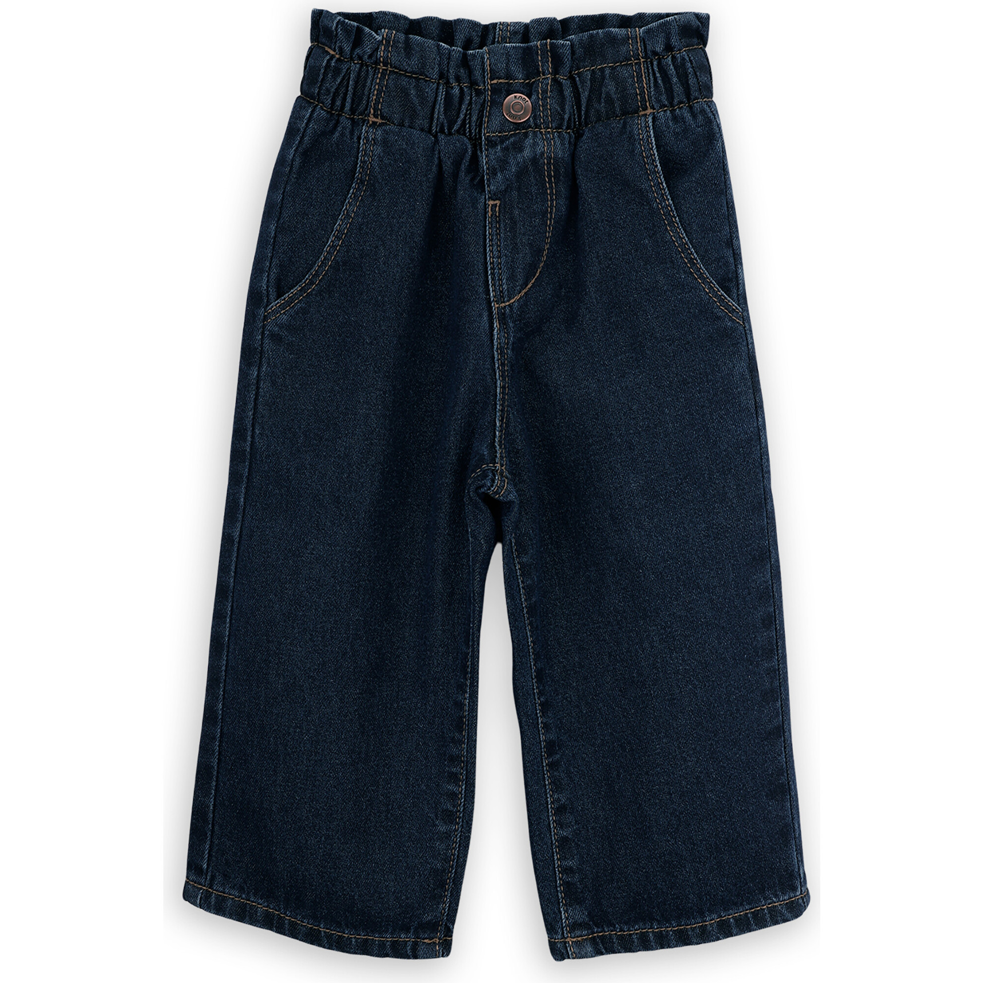 Girls Patti Cotton Denim Elastic Waist Patch Pocket Trousers, Blue - Pants - 1