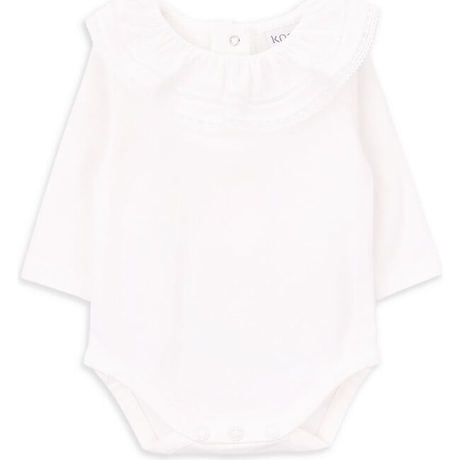 Babys Rose Organic Cotton Embroidered Collar Long Sleeve Snap Bodysuit, White