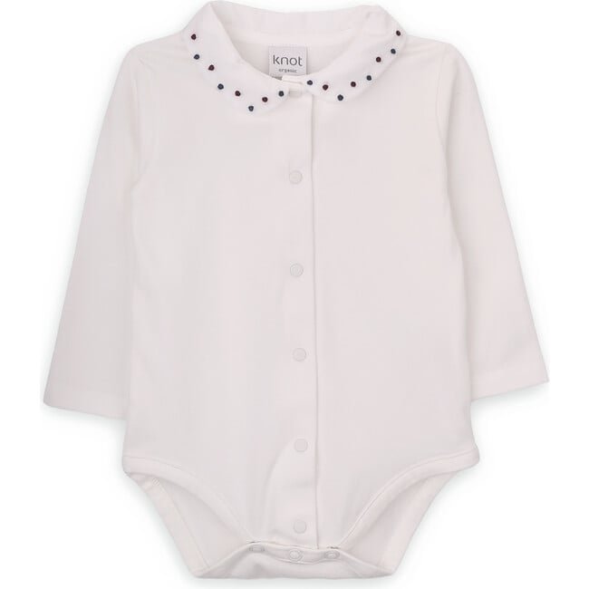 Babys Belle Organic Cotton Embroidered Collar Long Sleeve Snap Bodysuit, White