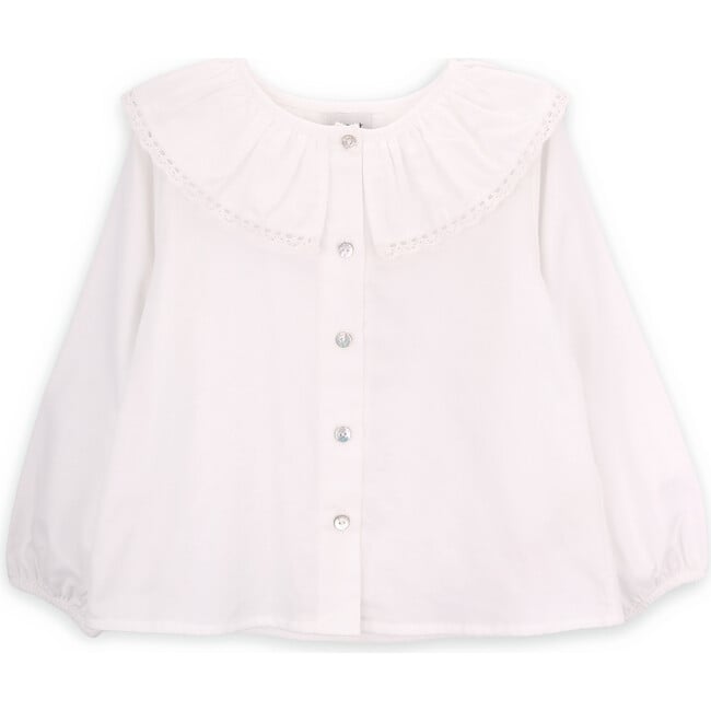 Girls Dolly Embroidered Ruffle Collar Elastic Cuff Long Sleeve Blouse, White