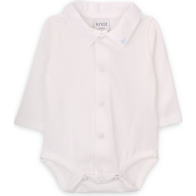 Babys Sky Organic Cotton Embroidered Collar Long Sleeve Snap Bodysuit, White