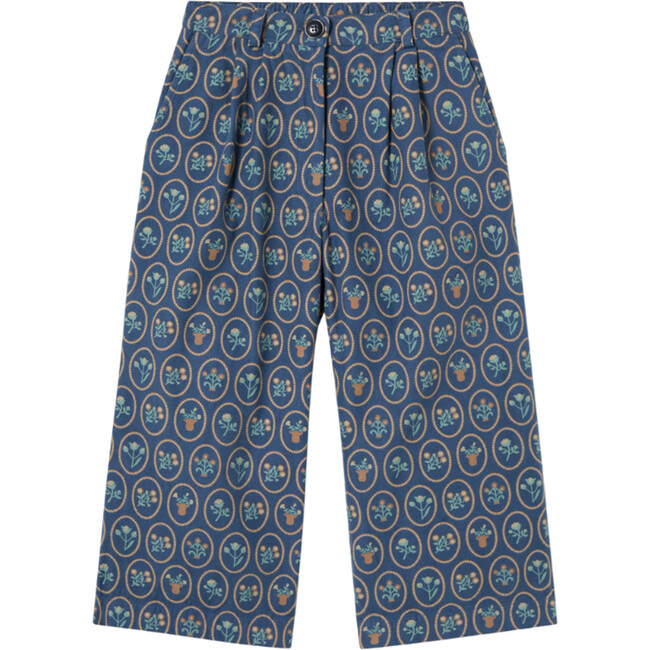 Vintage Print Wide Leg Cotton Trousers, Dark Denim