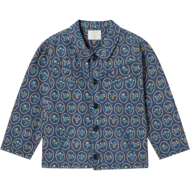 Vintage Print Brushed Long Sleeve Boxy Fit Shirt, Dark Denim