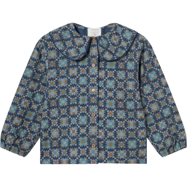 Quilt Print Peter Pan Collar Wide Long Sleeve Elastic Hem Blouse, Dark Denim