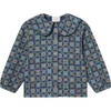 Quilt Print Peter Pan Collar Wide Long Sleeve Elastic Hem Blouse, Dark Denim - Blouses - 1 - thumbnail