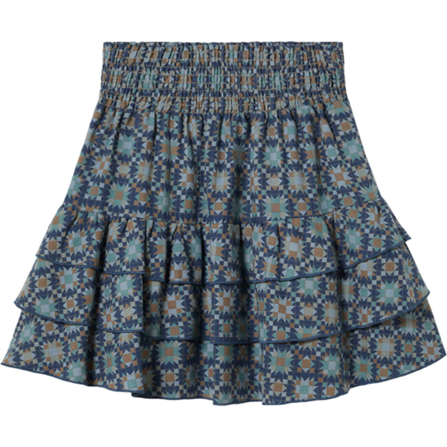 Quilt Ruffles Smock Waist Below Knee A-Line Skirt, Dark Denim