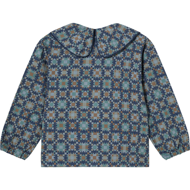 Quilt Print Peter Pan Collar Wide Long Sleeve Elastic Hem Blouse, Dark Denim - Blouses - 2