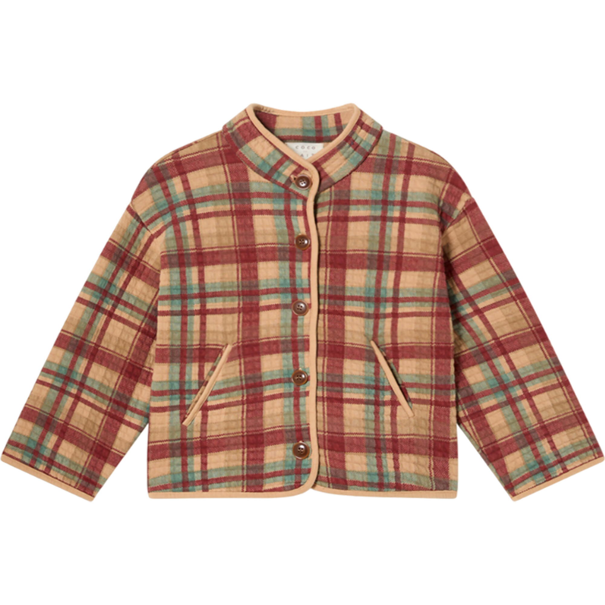 Plaid Quilted Long Sleeve Side Pockets Jacket, Chili Oil - Jackets - 1