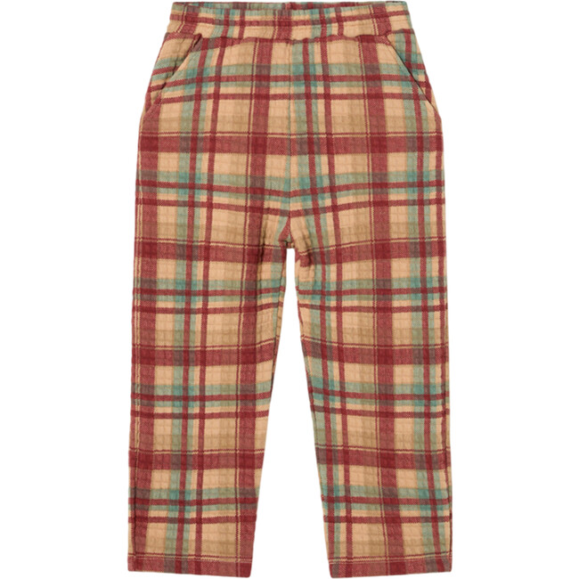 Plaid Quilted Elastic Waistband Wide Leg Pants, Chili Oil