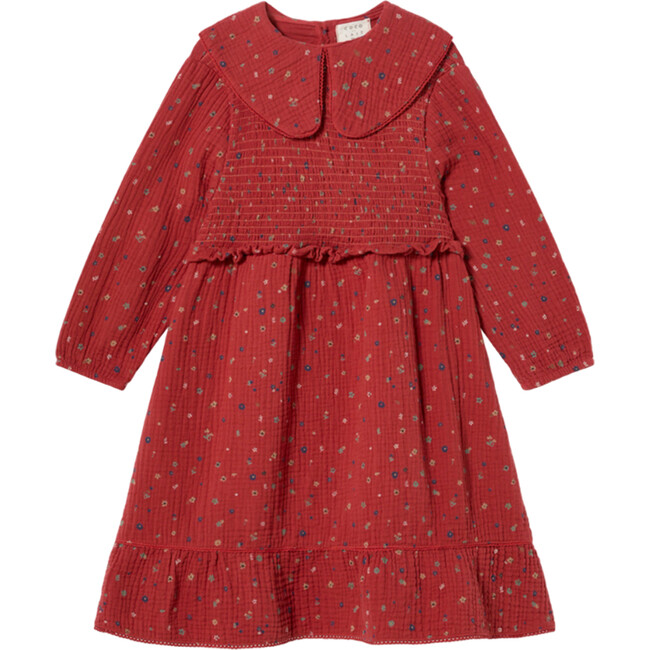 Little Flowers Print Peter Pan Collar Smock Chest Long Sleeve Dress, Chili Oil