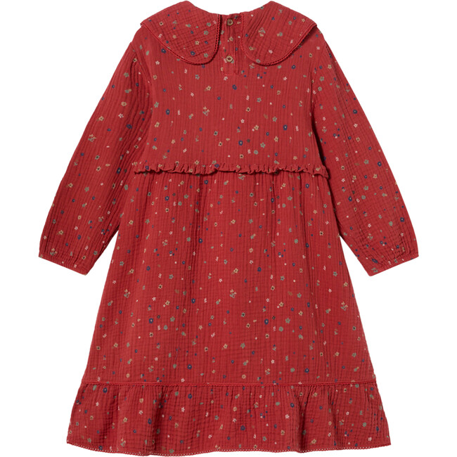 Little Flowers Print Peter Pan Collar Smock Chest Long Sleeve Dress, Chili Oil - Dresses - 2