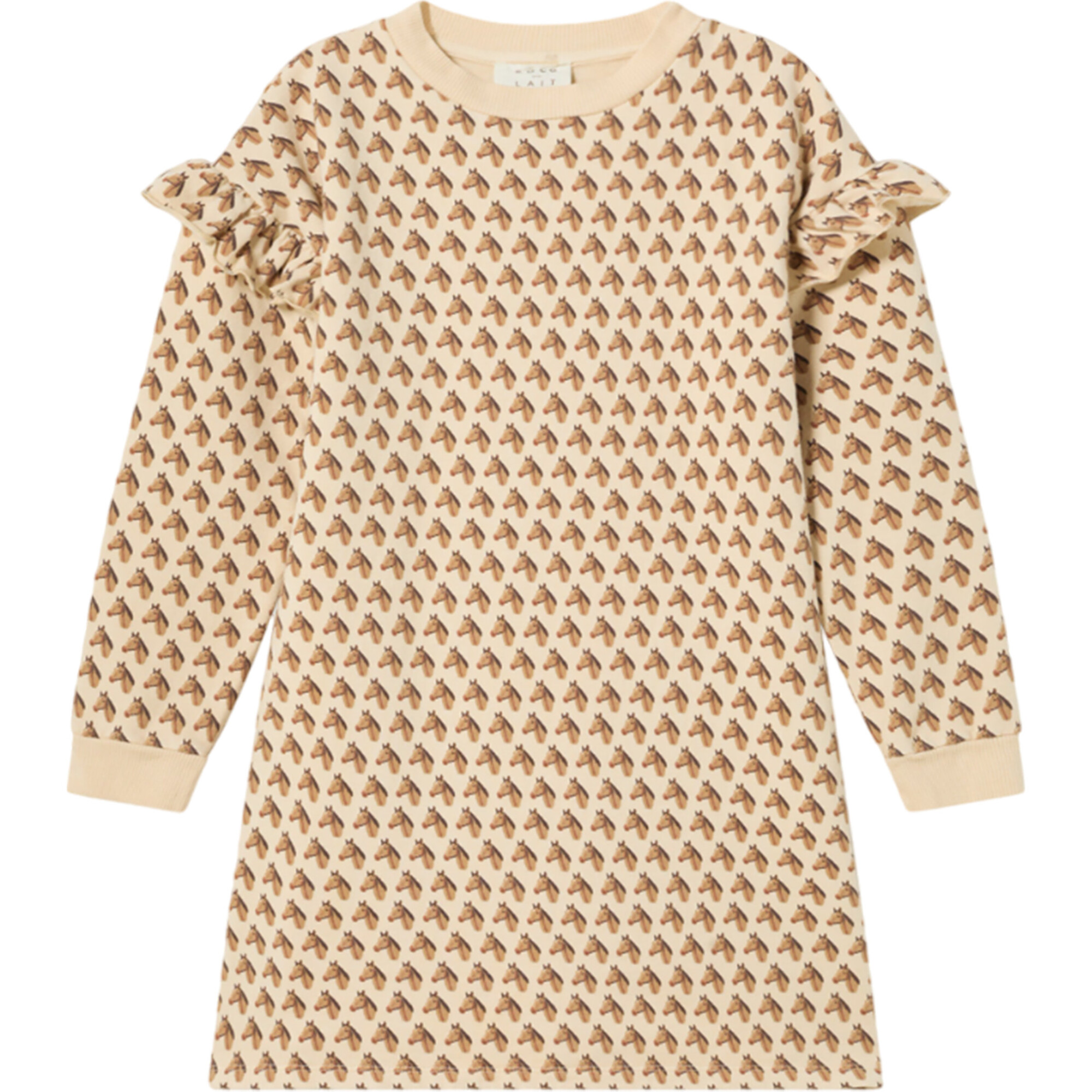Horses Print Dropped Shoulder Ruffle Sleeve Relaxed Fit Dress, Sandshell - Dresses - 1