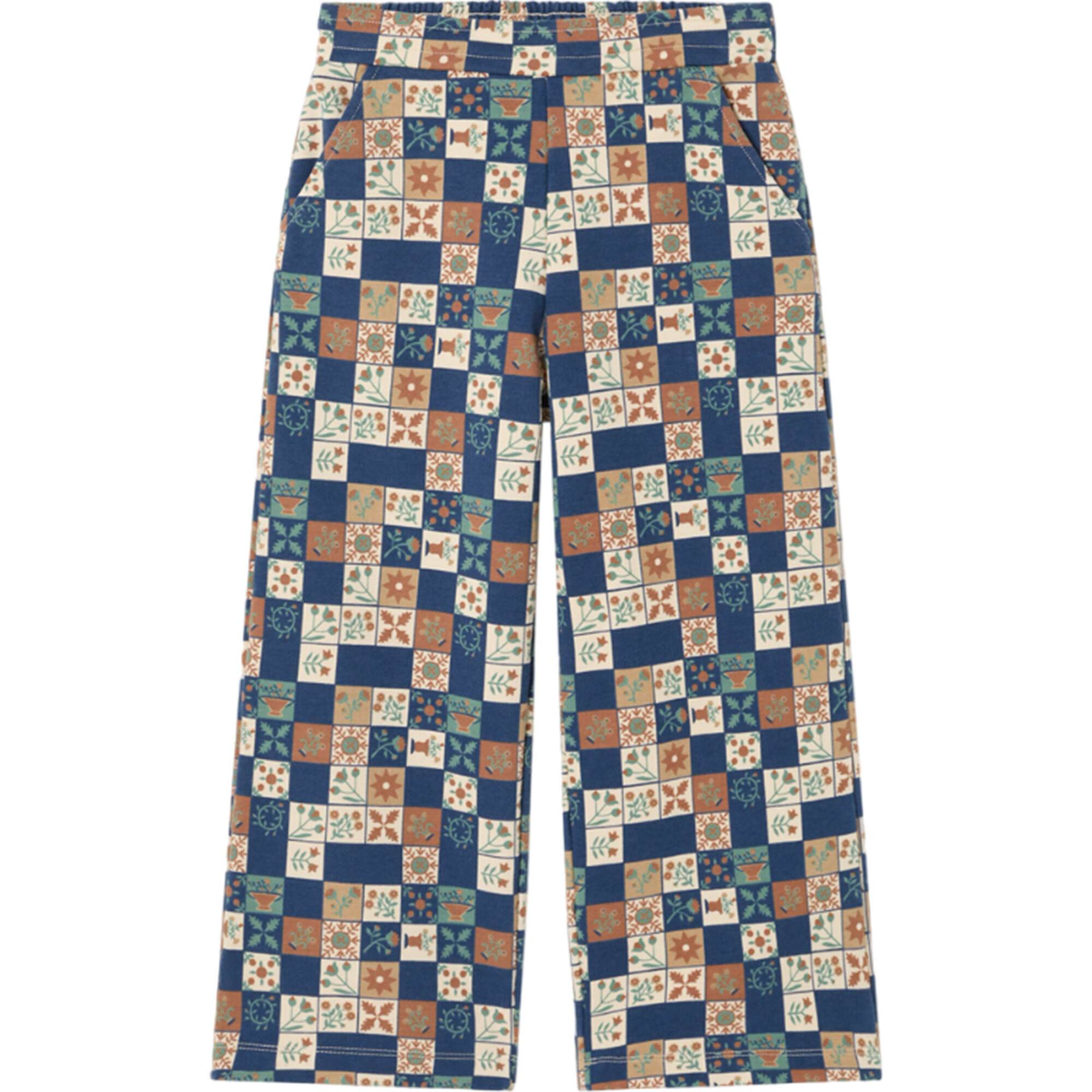 Floral Checks Print Elastic Waistband Lateral Pockets Wide Leg Trousers, Navy - Pants - 1