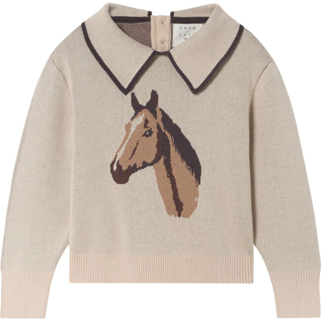 Girls Horses Knit Peter Pan Collar Gathered Sleeve Ribbed Hem Sweater, Sandshell