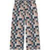 Floral Checks Print Elastic Waistband Lateral Pockets Wide Leg Trousers, Navy - Pants - 2