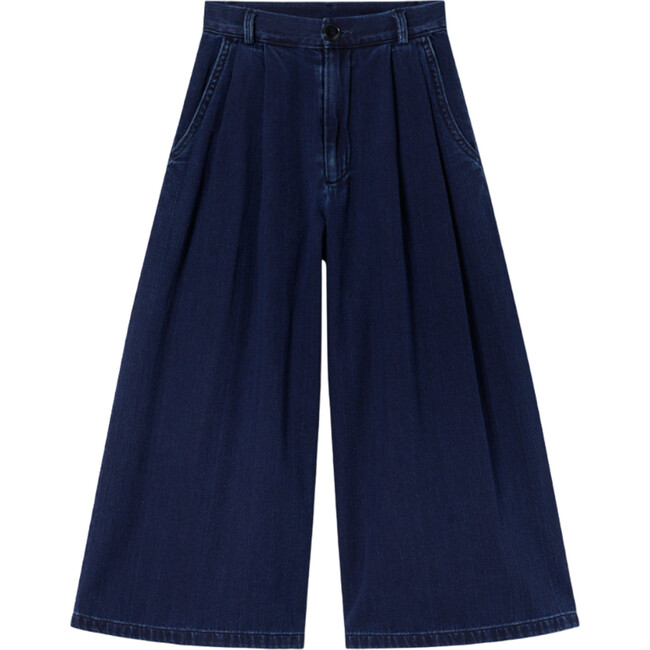 Denim Semi-Pleated Waist Wide Leg Trousers, Dark Denim