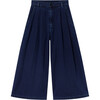 Denim Semi-Pleated Waist Wide Leg Trousers, Dark Denim - Pants - 1 - thumbnail