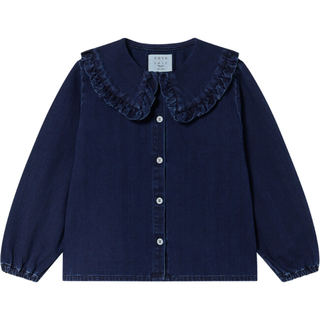 Denim Peter Pan Collar Long Sleeve Elastic Hem Blouse, Dark Denim