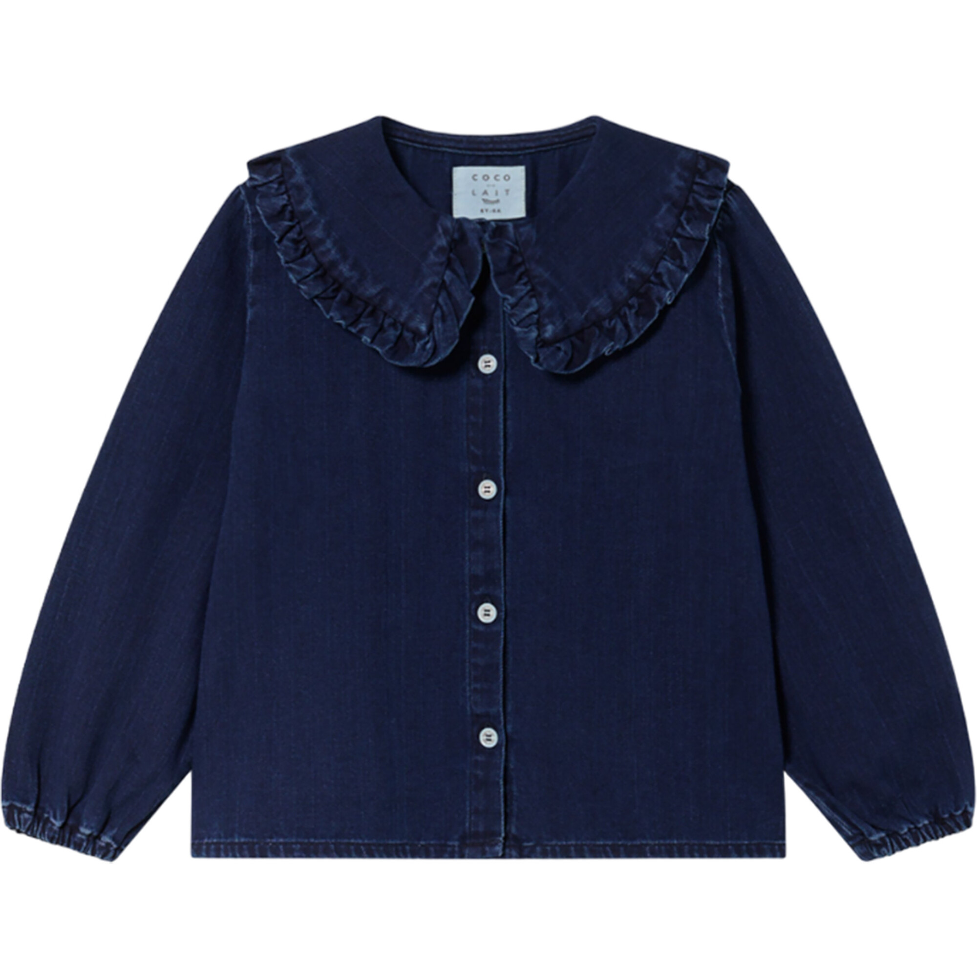 Denim Peter Pan Collar Long Sleeve Elastic Hem Blouse, Dark Denim - Blouses - 1