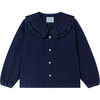 Denim Peter Pan Collar Long Sleeve Elastic Hem Blouse, Dark Denim - Blouses - 1 - thumbnail